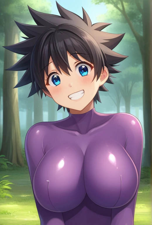 Score_9, Score_8_Superior, Score_7_Superior, evaluation_safety, Alone, 1 girl,Looking at the audience,Purple bodysuit, Big Breasts.Short Hair,Spiked Hair,Boyish Hair,Black Hair,blue eyes,,He saw,forest,Grin,Standing,Please open your mouth wide,shy,looks happy,smile,Standing,Please put your hands on your hips,((老人の顔のSuperiorにお尻を置く:1.4))