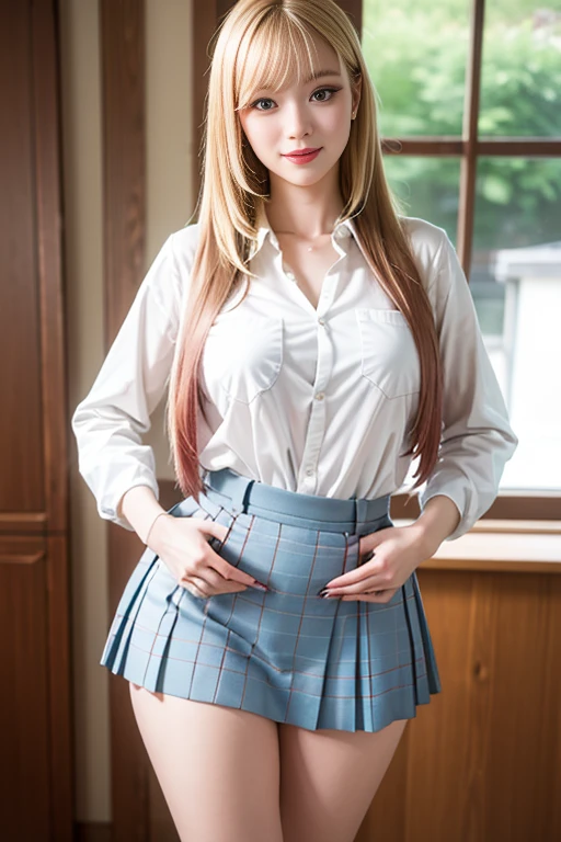 Beauty, Long Hair, Huge ,Super big brege、View Viewde, Blue eyes、Balayage Hair、Realistic、In the classroom、日本人のBeauty、Navy Tight Skirt、White shirt、Collared shirt、In a suit、Pleated skirt、I can see your chest、White shirt、Straight hair, navy blue socks