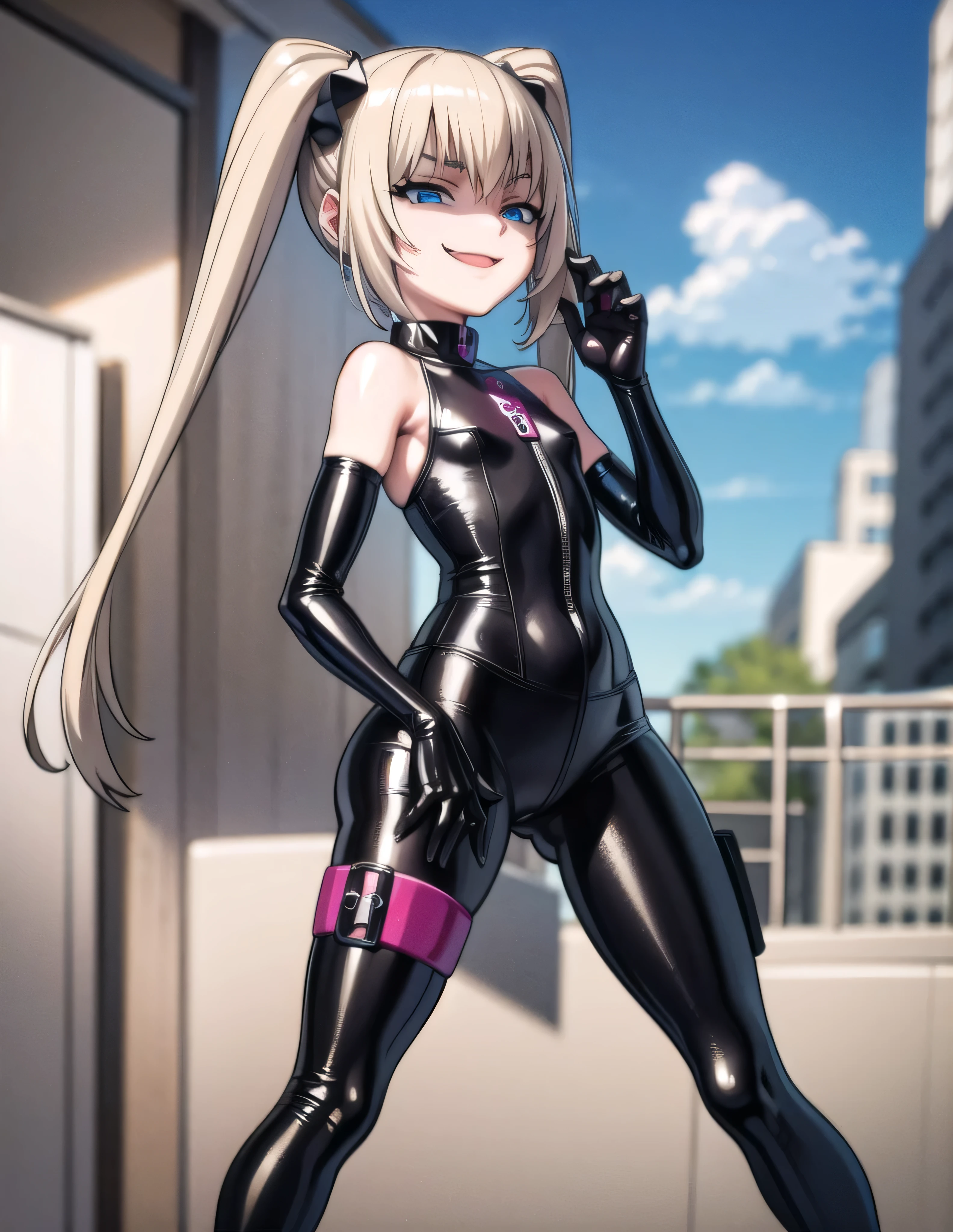 masterpiece, Best Quality, run, masterpiece, Absurd, One girl, Ekaterina Clae, Twin tails, (Low knot_length_hair:1.2), hair ends, very length hair, blonde hair, Flat Chest, blue eyes, , Cargo pants, Wicked Smile, Conceit,
, , mall, View your viewers, , latex,elbow gloves,thighhigh  boots,bodycon