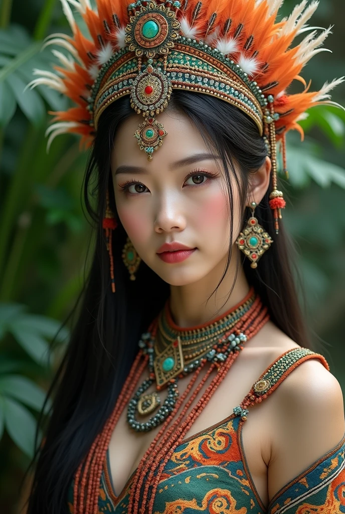 1 Borneo Tribal Girl, Wearing tribal headdresses and accessories, Sitting naked in a river bath, Show and chest, Hyper realistic, Lifelike texture, Dramatic Lighting, nikon RAW photo, 8K, 富士XT3,Citrine Dream Mix, masutepiece, Best Quality, Realistic, Naked, Show , (Photorealistic:1.4), ultra-detailliert, extra detailed face, Solo, entire body visible, (((Smile:1.2)))