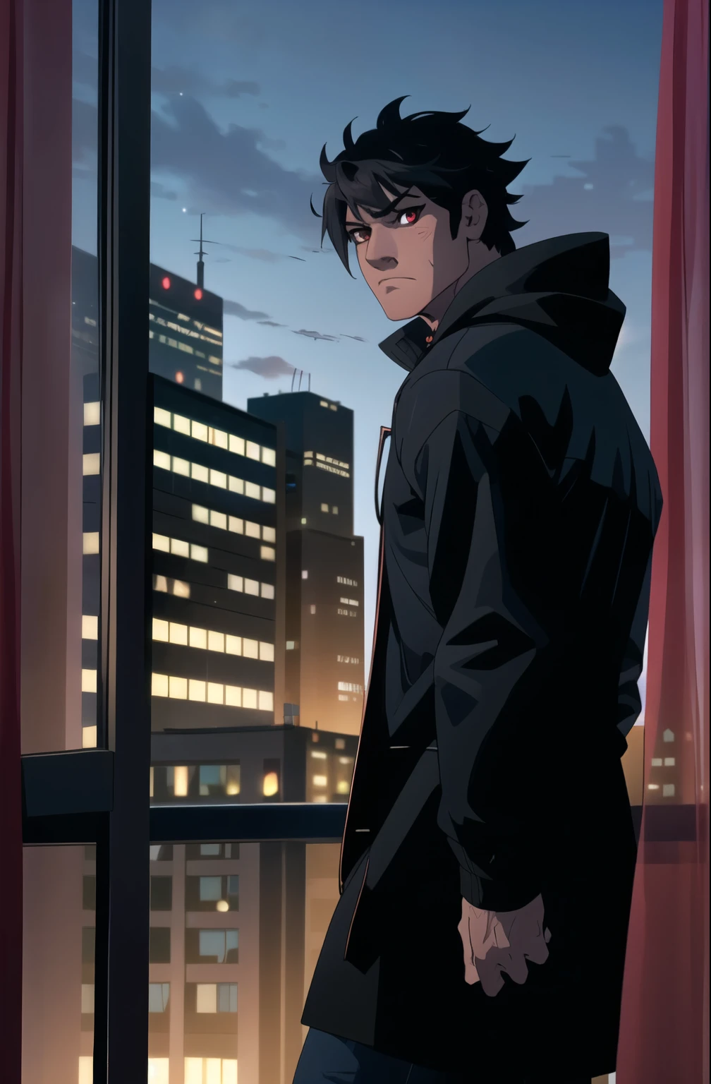 Masterpiece, Best Quality, Ultra-Detailed, 1man, solo, black hair, red eyes, blood eyes, black jacket, black hoodie, black hood, Curtain Bangs hairstyle, mullet, eyebags, dark eyebags, black coat, serious expression, looking at the viewer, city background