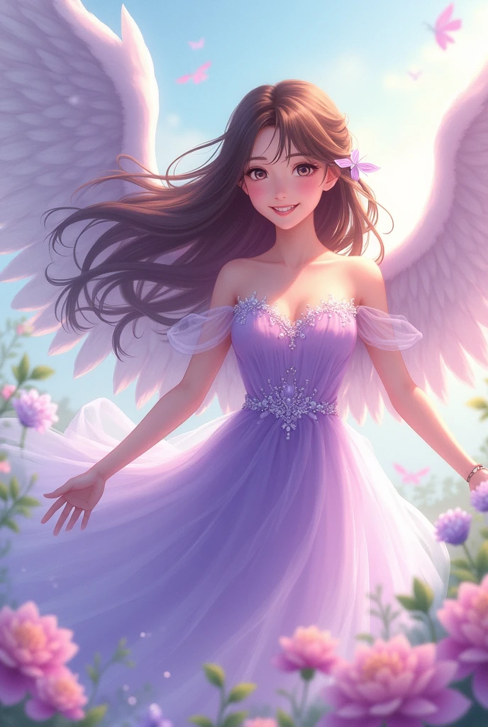 Anime Angel purple white dress with huge wings and wearing beautiful necklace
Yenyen Qhiu words on the picture