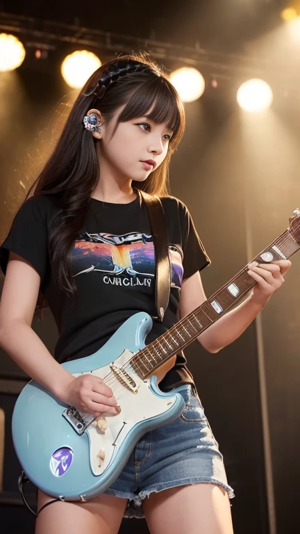 ((Beautiful girl playing electric guitar on stage at a rock concert:1.3))、(Tabletop)、(Highest quality、8k、Famous Paintings:1.2、RAW Photos)、(Real:1.2)、Japanese、(Beautiful girl with an innocent face:1.2、:1.5、Idol&#39;(Stand with feet apart:1.2、White panty shot:1.4)、(A T-shirt and a black tight mini skirt that accentuate her large breasts)、Beautiful, silky hair、Short Pigtails、((Detailed eyes and face:1.2、Professional photography、Stage Lighting))、