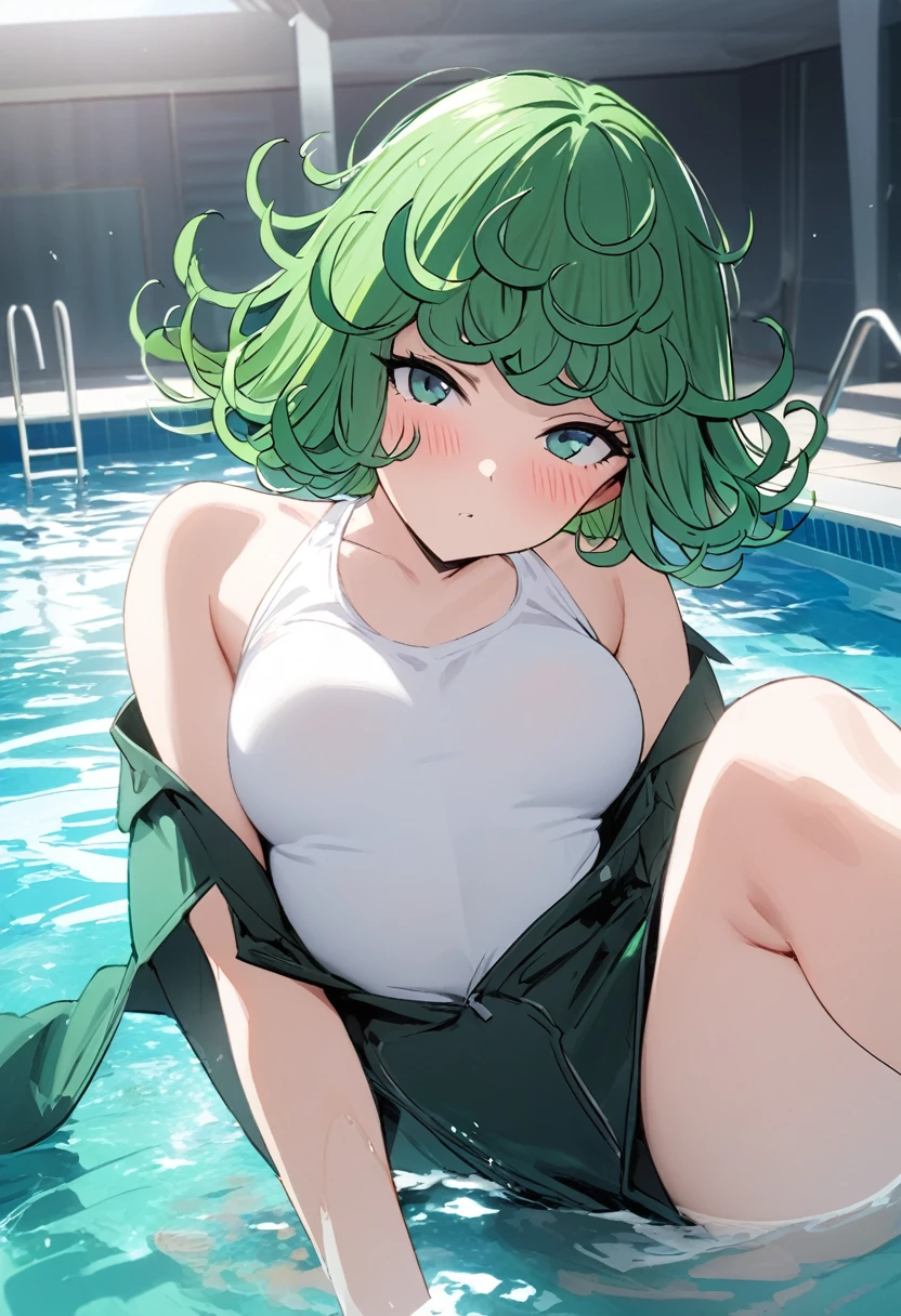 Masterpiece artwork, best qualityer, 1 girl, solamete, breastsout, gazing_phi_viewer, blush, half_without the, lemma_cos,  canons_up to the top, white undershirt, hair green, In the pool  (tatsumaki: 1.7)