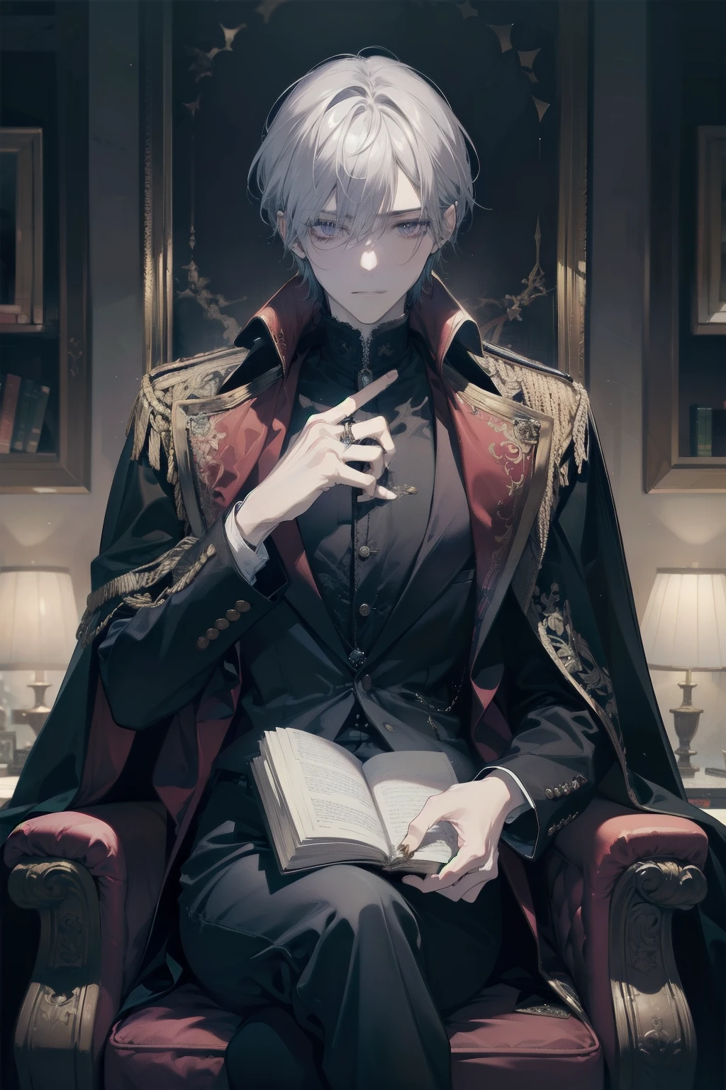 An edgy-looking prince sits alone in a dimly lit study, surrounded by towering bookshelves filled with ancient tomes. He has sharp, angular features, pale skin, and tousled jet-black hair that slightly covers his intense, cold eyes, giving him a brooding appearance. He’s dressed in a sleek, dark royal outfit — a fitted leather tunic with silver accents and a long, deep purple velvet cloak draped over his shoulders. Despite his rebellious look, he is deeply absorbed in a large, ancient book resting on his lap. His posture is relaxed yet focused, with one hand turning a delicate, worn page. Dim candlelight flickers nearby, casting soft shadows over his face, illuminating the intricate metal rings on his fingers. A silver chain with a glowing gemstone rests on his chest, subtly visible beneath his attire. The atmosphere is quiet and mysterious, with the scent of aged parchment in the air, and the edgy prince seems lost in the knowledge or secrets the book contains.