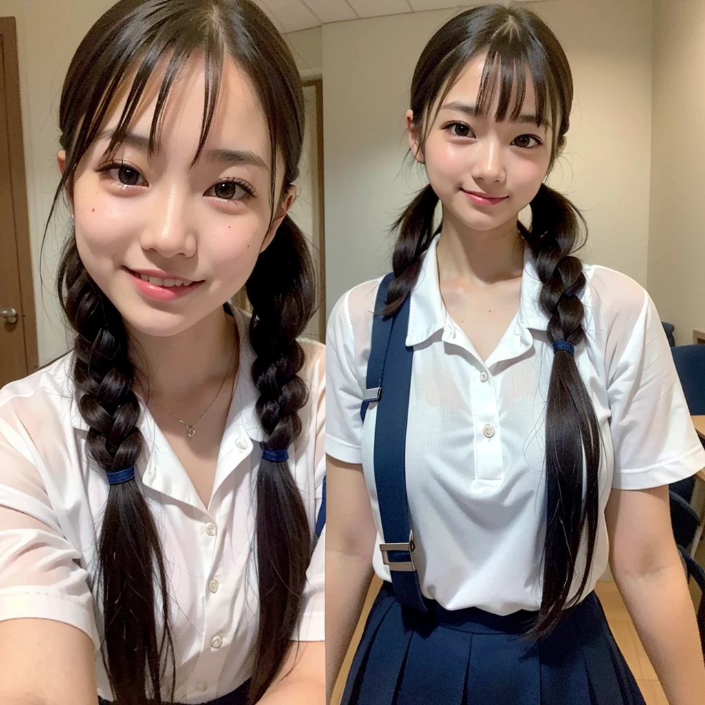 ((Classroom、hi-school girl、校服、Chest ribbon、A slight smil、top-quality、8k、masterpiece:1.5))、foco nítido:1.5、Beautiful woman with perfect body:1.5、slim abdomen:1.2、((poneyTail、huge tit:1.2))、Highly detailed facial and skin texture、 A detailed eye、二重まぶた