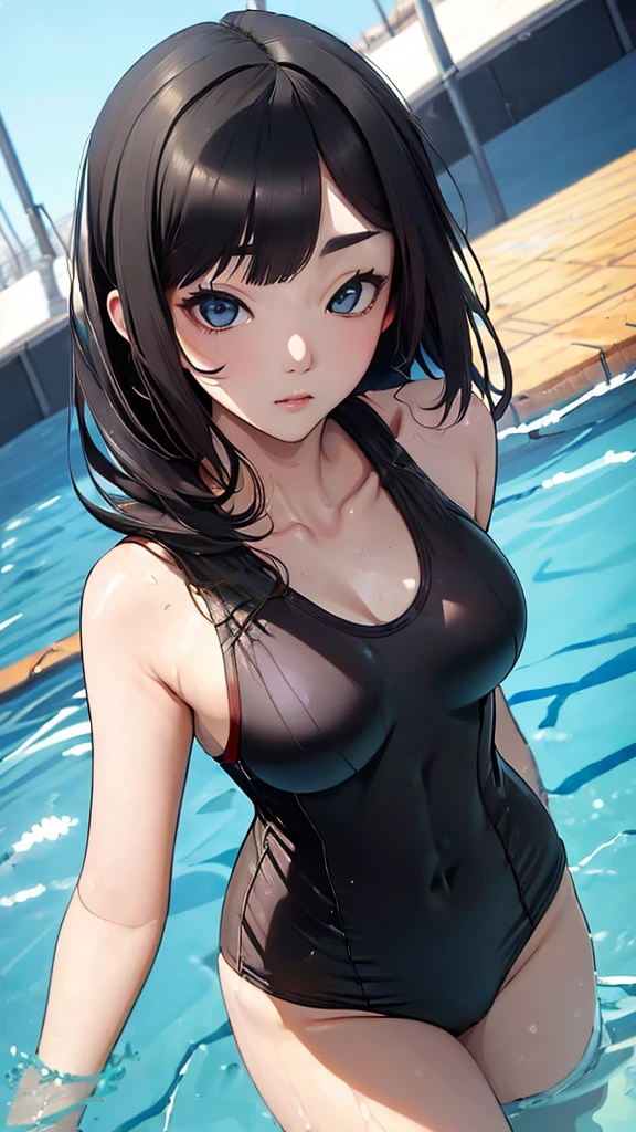 School Swimsuit、Black Hair、ponytail、Wet hair、Beautiful eyes、tits