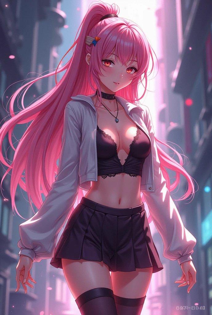 ((beautiful and detailed))) teenage girl 18 years, (((18 years))) high definition 1:1(((female))) Vista de whole body,((whole body)) messy hair, ((pink&brow hair)), detailed blue eyes, submissive pose, view from below, side view,(heart-shaped pupils) ((horny and shy)) detailed, (8k the best quality, masterpiece ) Posing, Very good, beautiful, smalldetailed, shy and seductive posture arching back down so that we can see her, absurd resolution, casual black clothes, (black navel blouse, black jacket, black miniskirt, panties, long socks) Rock style, tight thigh high stockings, body jump