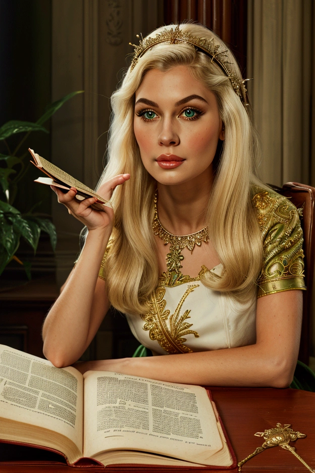 (((Masterpiece, highest quality, high definition, high detail)))), one, ((fantasy)))), (elf woman)))), (white short skirt with gold embroidery), (blonde long straight hair), (glossy dark green eyes), (green surcoat with gold embroidery), big, (((National Library of the royal capital)), (A large space with a lot of books)), sit in a chair and read a book , Particles of light flying