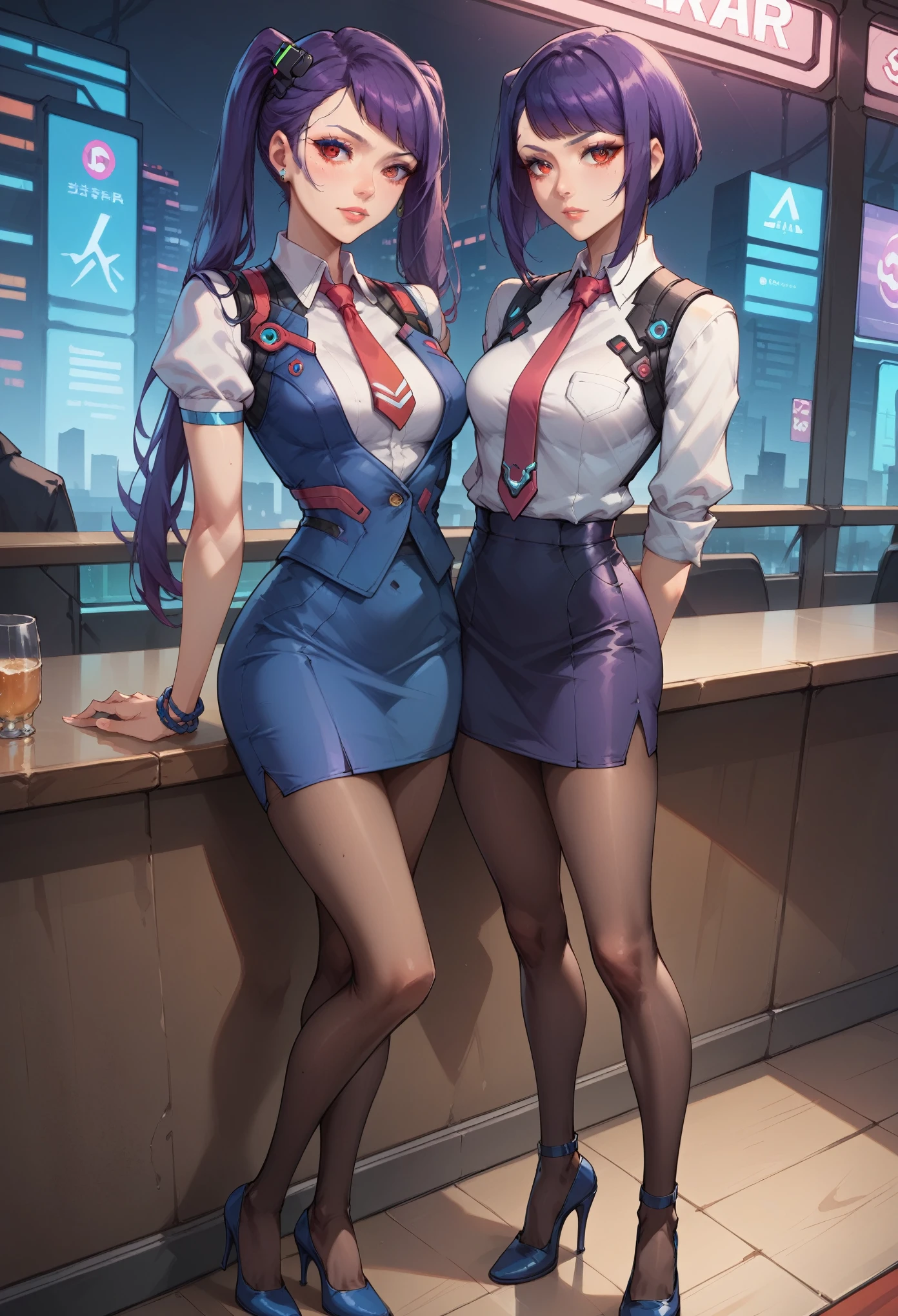 8k, arms behind back, slim figure, flat bust, Light blue eyelashes, high-heels, dark skirt, seductiv, Charming, red eyes, dark purple hair, jill stingray, necktie, pantyhose, skirt, vest, white shirt, cyberpunk styled bar, masterpiece, (SuperQuality:1.2), 2 long ponytails