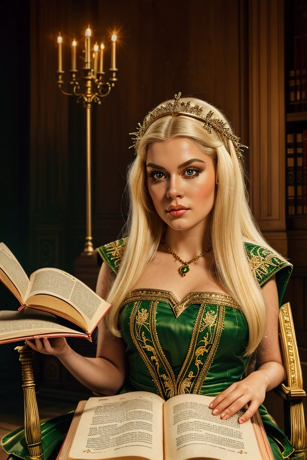 (((Masterpiece, highest quality, high definition, high detail)))), one, ((fantasy)))), (elf woman)))), (white short skirt with gold embroidery), (blonde long straight hair), (glossy dark green eyes), (green surcoat with gold embroidery), big, (((National Library of the royal capital)), (A large space with a lot of books)), sit in a chair and read a book , Particles of light flying