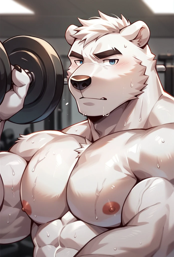 Muscular anthropomorphic polar bear, in his 30s, naked, erection, fine size penis, Perfect detailed features, comic realism, 2D, Hand drawn, manga style, comic style, drawing, big polar bear, handsome, sparkling light, rugged, looking at camera, comic style