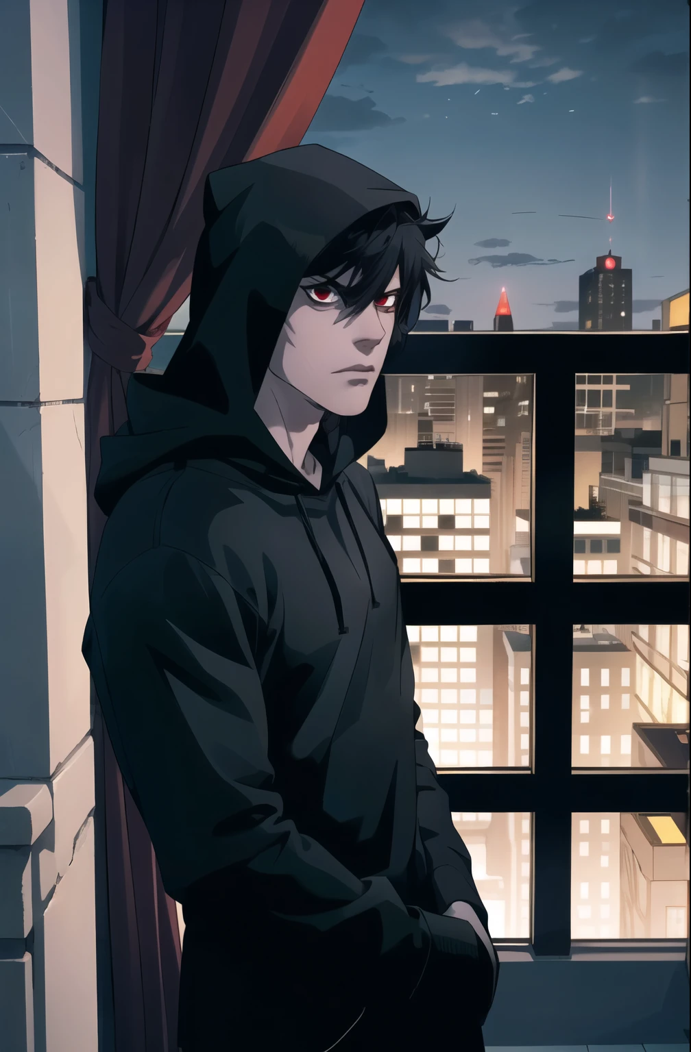 Masterpiece, Best Quality, Ultra-Detailed, 1boy, solo, ager, , skinny, black hair, red eyes, blood eyes, ((pale skin:1.0)), black jacket, black hoodie, black hood, Curtain Bangs hairstyle, mullet, eyebags, dark eyebags, black coat, serious expression, looking at the viewer, city background