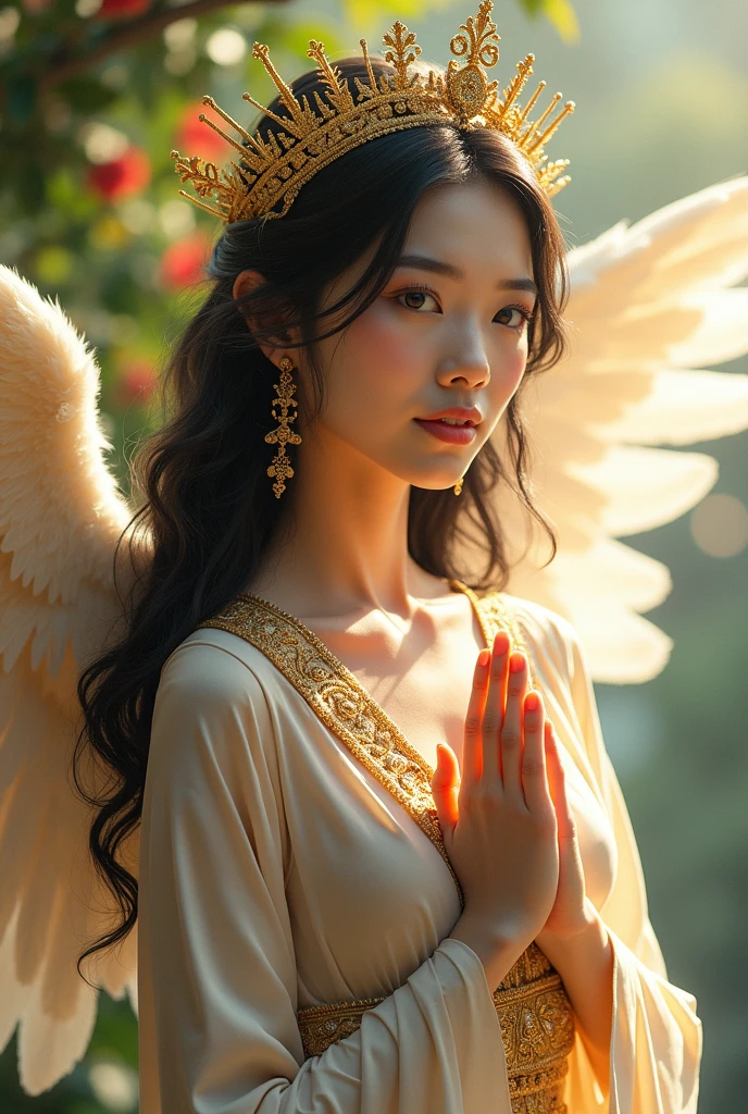 sundanese girl, pretty, angel cosplay, shiny hair, glowing halo above head, glowing hair,friendly smile, goodluck gesture, golden finger nails, fashionable, sigils as glowing golden tattoos, tattoos all over, modest but fashionable, depth of field,fuji xt, wide angle, dramatic, whatsapp sticker, heaven background, holy background