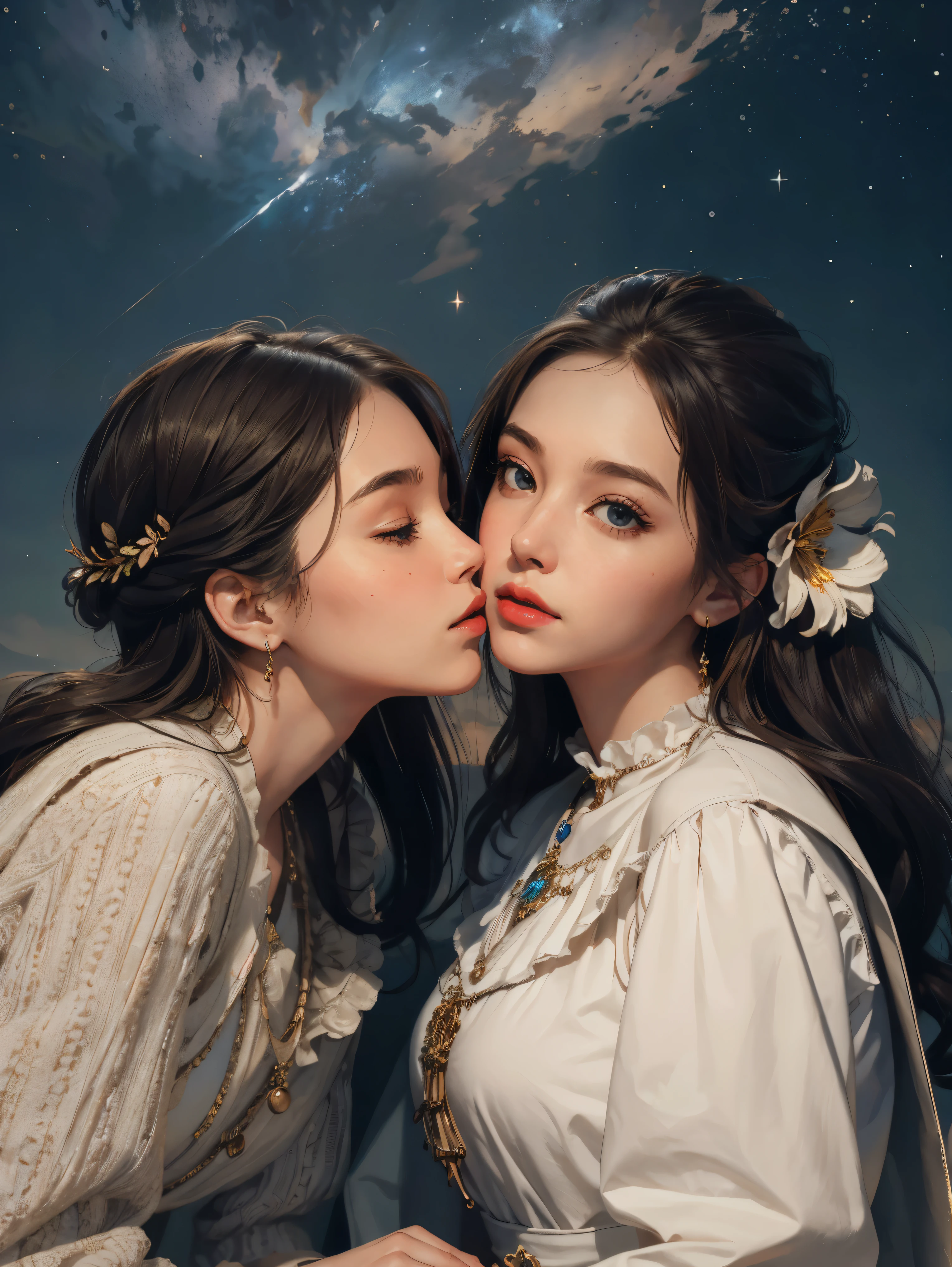 (masterpiece, best quality:1.5), unreal engine, professional lighting, the most beautiful princesses in the world, perfect face, attractive face, highly detailed beautiful face and eyes, highly detailed background, cinematic lighting, (perfect anatomy:1.2), (two enchanting American princesses is deeply in love with each other:1.3), (kiss:1.2), (night, the starry sky and shooting star reflected in the river, magnificent panorama view:1.2)