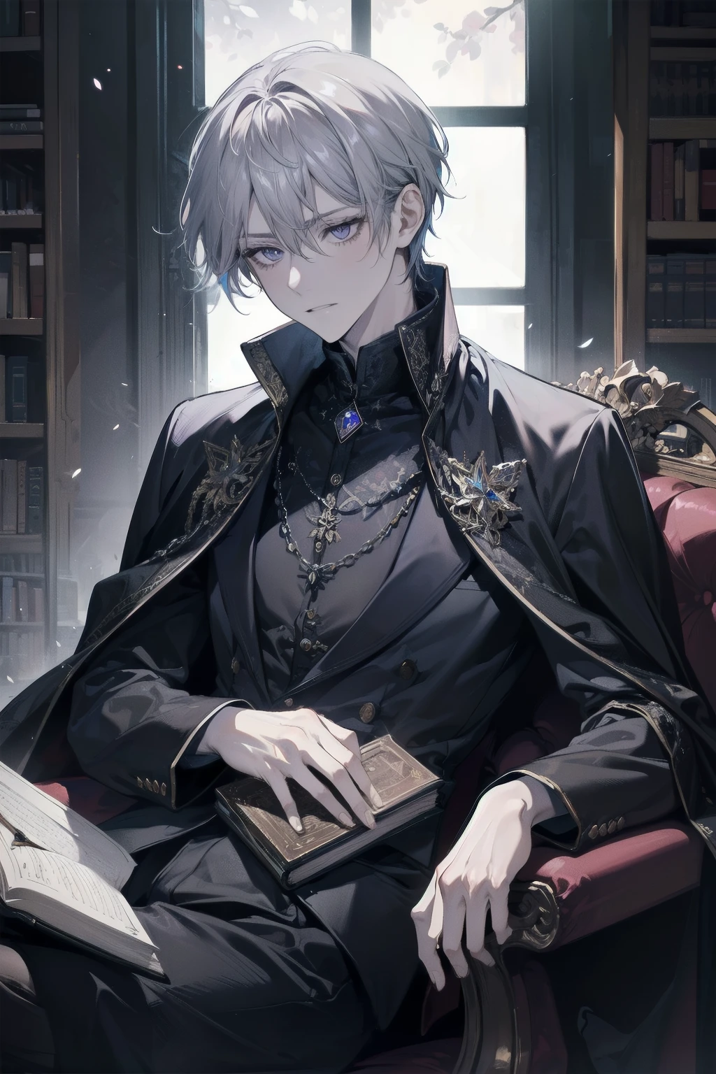 An edgy-looking prince sits alone in a dimly lit study, surrounded by towering bookshelves filled with ancient tomes. He has sharp, angular features, pale skin, and tousled jet-black hair that slightly covers his intense, cold eyes, giving him a brooding appearance. He's dressed in a sleek, dark royal outfit — a fitted leather tunic with silver accents and a long, deep purple velvet cloak draped over his shoulders. Despite his rebellious look, he is deeply absorbed in a large, ancient book resting on his lap. His posture is relaxed yet focused. Dim candlelight flickers nearby, casting soft shadows over his face, illuminating the intricate metal rings on his fingers. A silver chain with a glowing gemstone rests on his chest, subtly visible beneath his attire. The atmosphere is quiet and mysterious, with the scent of aged parchment in the air, and the edgy prince seems lost in the knowledge or secrets the book contains.