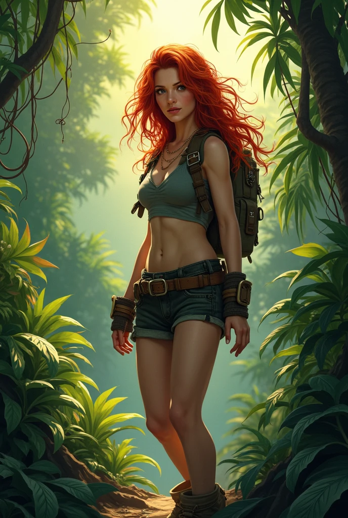 masterpiece), 1woman, best quality, expressive green eyes, perfect face, long red hair, full body, magnificent breasts, hiking, backpack, barely dressed hiking boots, forest