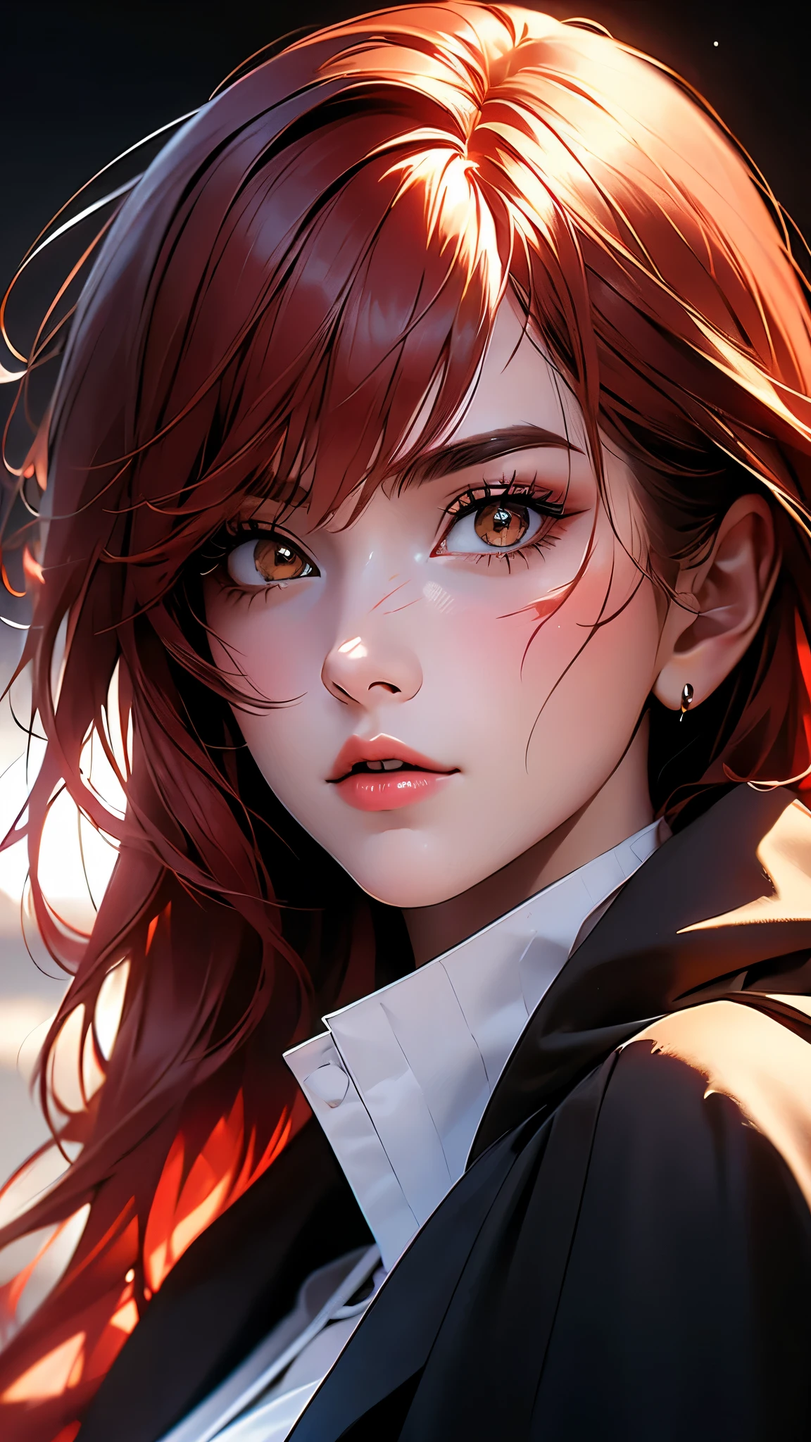 ((Masterpiece)), envision a 8k, highres, cinematic, extremely beautiful semi realistic close up portrait of a strong mature lady with a slender muscular body, flat chest, ((red hair)), side locks, strong face, slender face, long sweeping bangs, face scars, yellow eyes, soft lips, lip gloss, thick eyebrows, round face, white shirt, black tie, cape, black trench coat, ((((1girl)))), in dark lighting, against a dark gray background