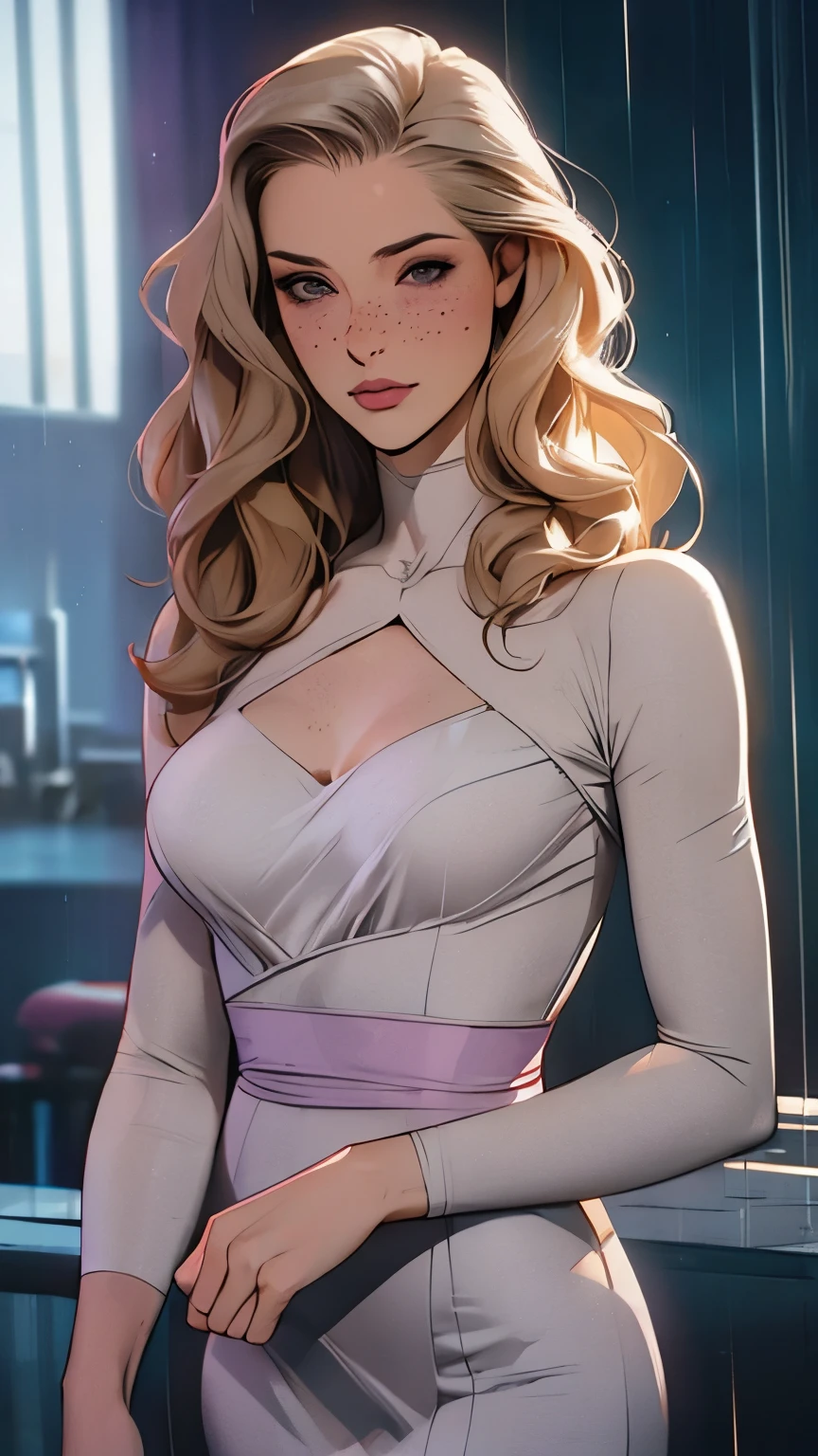 Woman, americana, Age 25, pale skin and freckles, gray eyes, delicate nose, soft and delicate lips, far away, blondie far away and wavy waist length hair, sweet smile, face with delicate feminine facial features, highly rendered, sophisticaded purple dress, rain in Kowloon