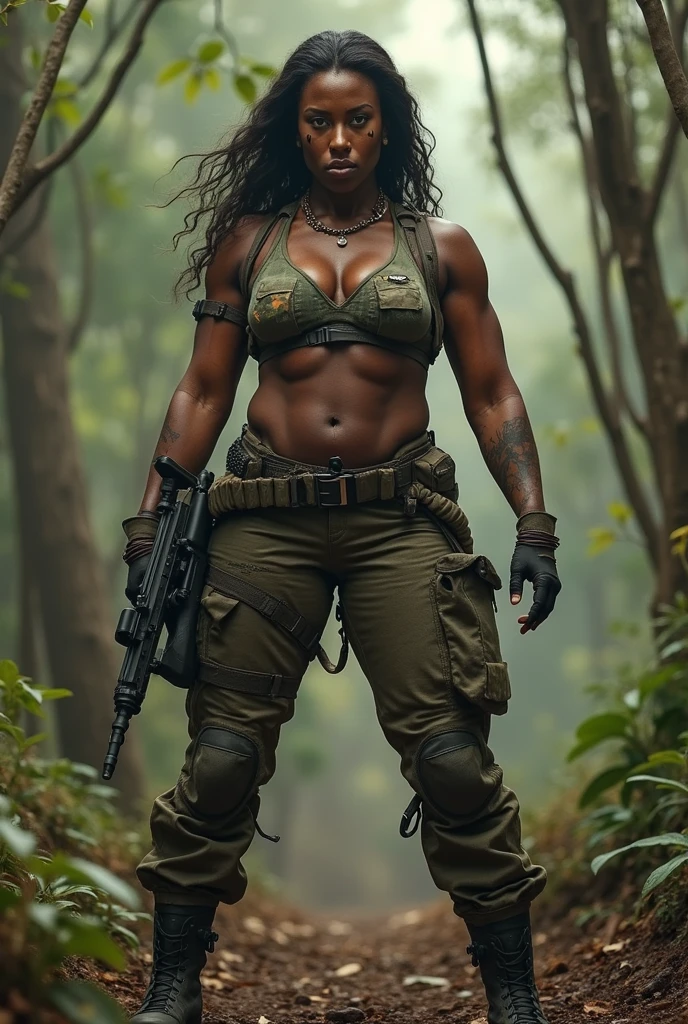 A female soldier in a forest, indian face:0.9, brown skin, hourglass body, arched back pose, topless, bob haircut, side view, serious expression, gorgeous, toned abs, wears camo cargo pants, boots, highly detailed body,  (detailed skin complexion1.1), dirty skin, rainy, best quality, deep color, natural lighting effect