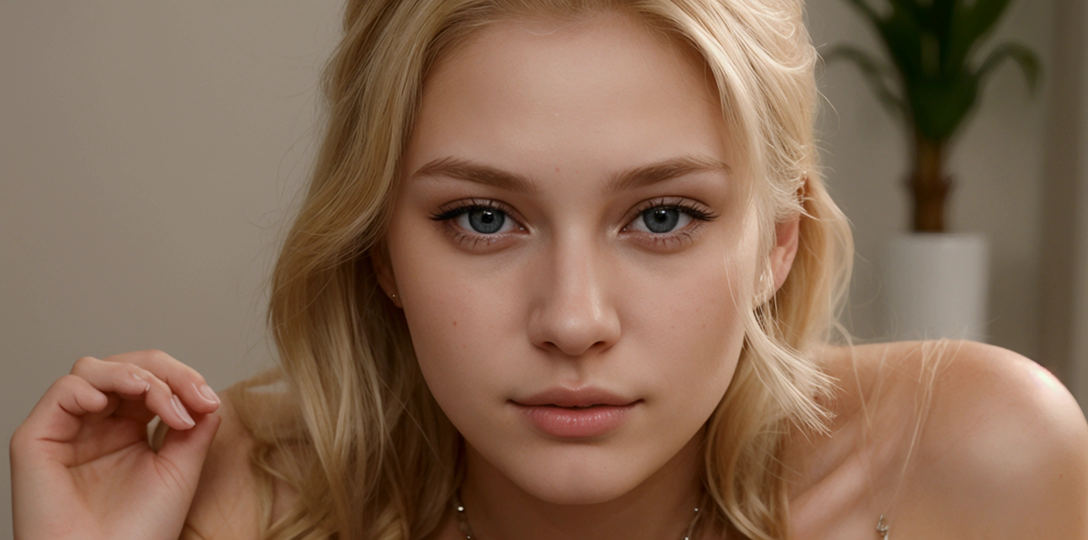 ((best quality)), ((ultra res)), ((photorealistic)), (intricate details), 19 years old, blonde hair, perfect face, make up:1.5, light on face, face detail, NAKED, short hair,