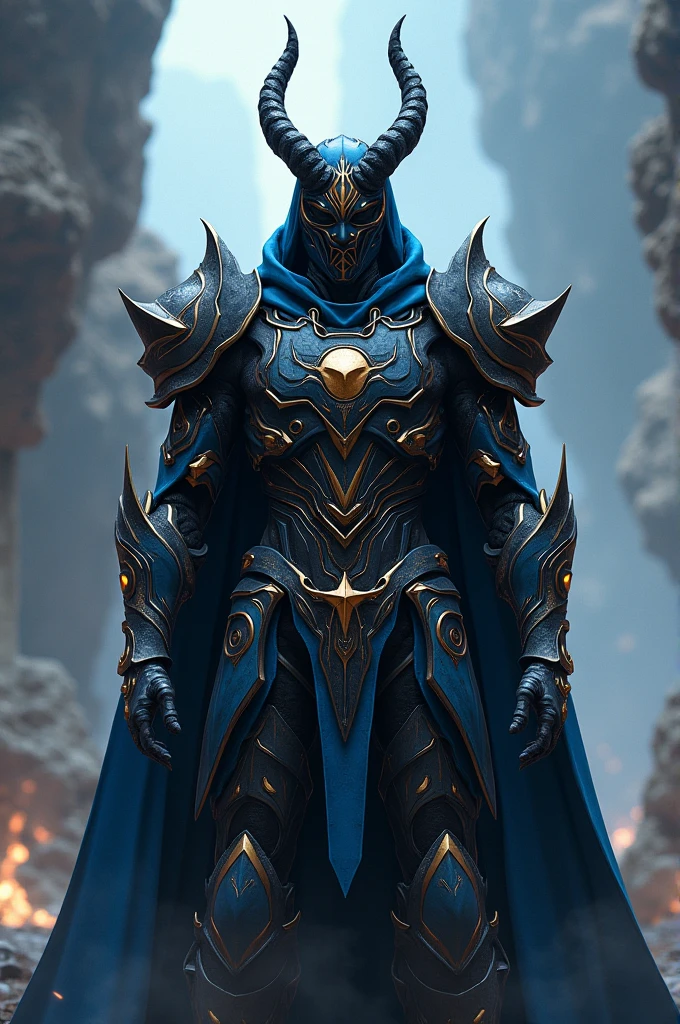 an anti-hero with cosmic armor like Omen from Valorant, black and blue and gold details, black mask, with gold star symbol on chest and black horn