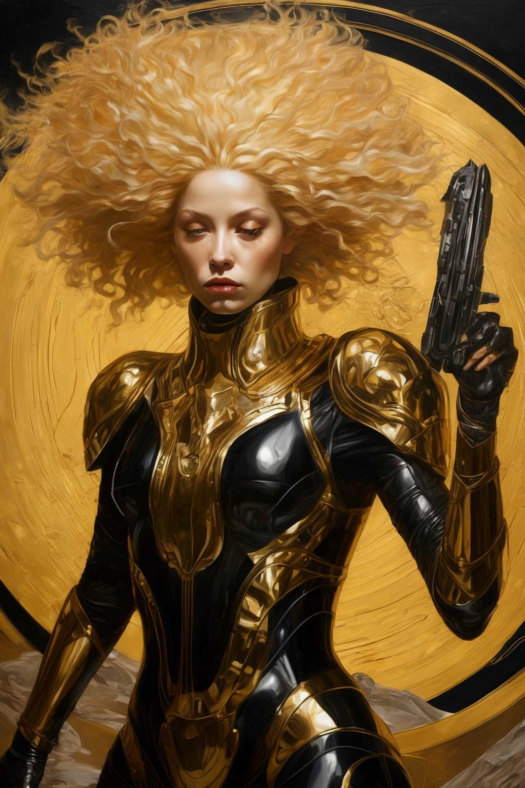 (Bob Peak) a gorgeous female warrior, full golden armor, (jump, full body)
(realistic, photorealistic, rim light, from below) futuristic
(masterpiece, best quality:1.3),