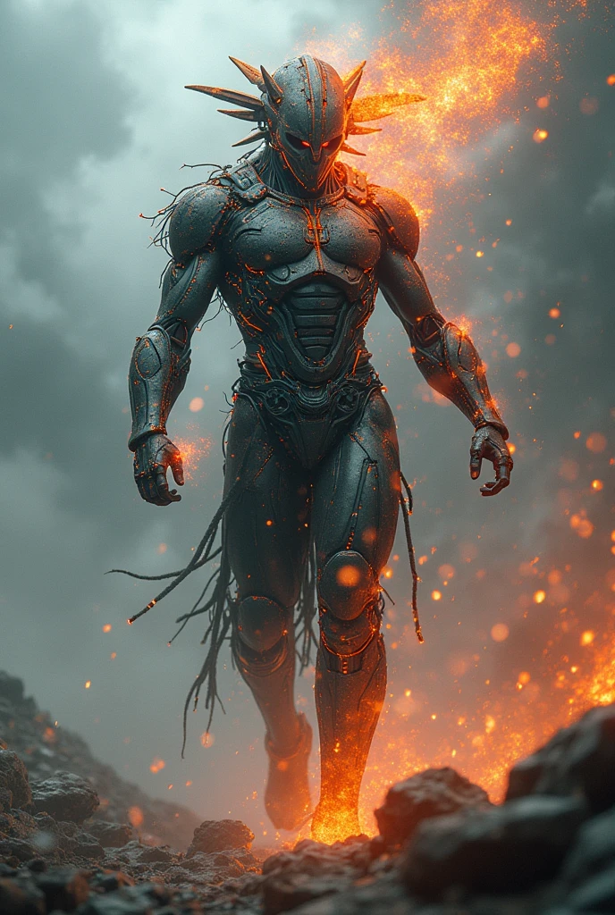 black humanoid made of rock,((electrified eyes: 1.2)) ((full rock skin: 1.2)), (red hot volcanic lava skin: 1.2) bare torso, bare chest, male, ((masterpiece, best quality )), ((cracked skin: 1.4)), ((white electricity passing through cracks: 1.4)), (sculptural body woman), (dragonborn: 0.6), white hair, outdoors, detailed background, 8k , maximum quality, best quality Canon Eos R6, masterpiece, highly detailed: 1.2,