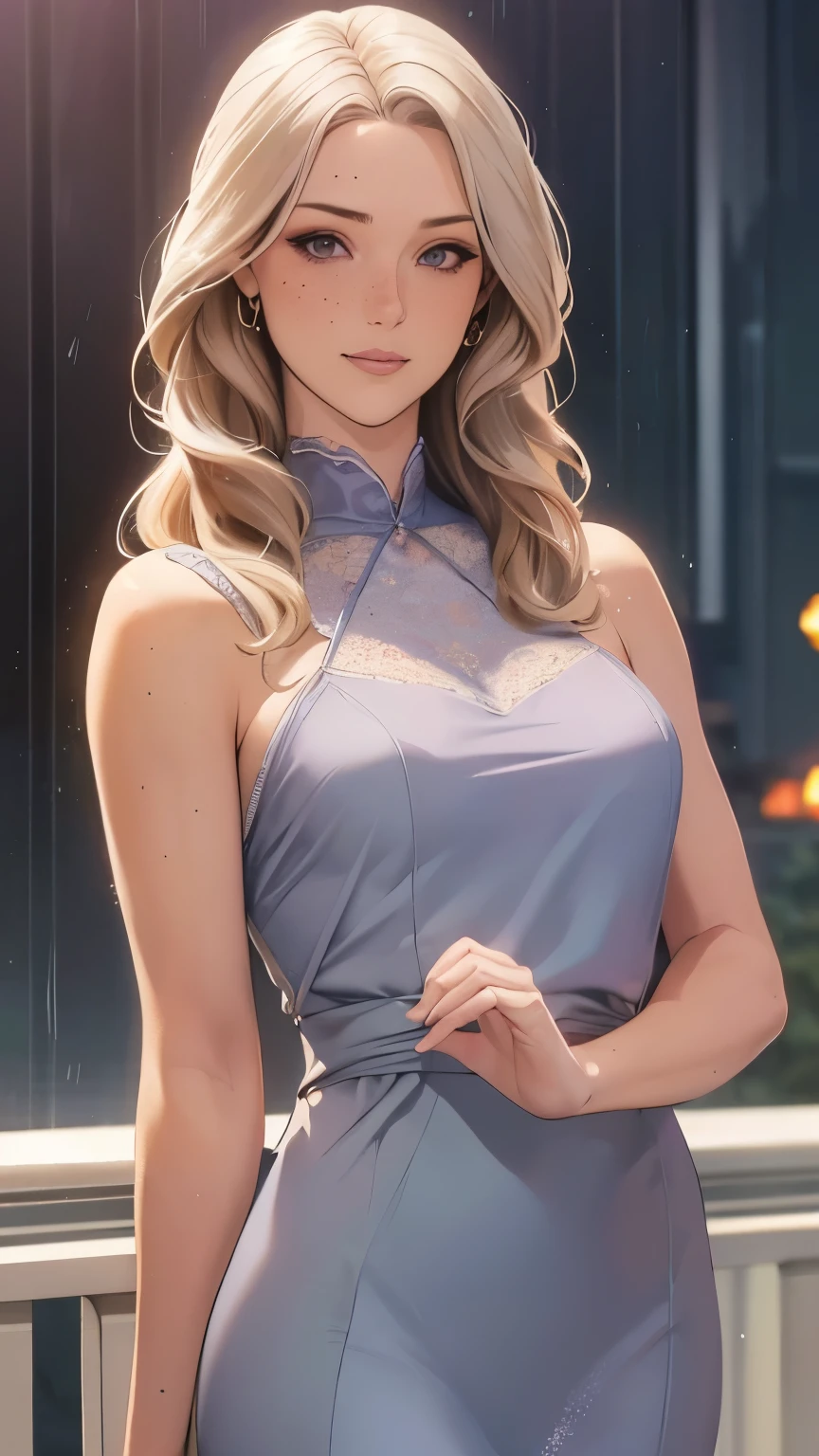 Woman, americana, Age 25, pale skin and freckles, gray eyes, delicate nose, soft and delicate lips, far away, blondie far away and wavy waist length hair, sweet smile, face with delicate feminine facial features, highly rendered, sophisticaded purple dress, rain in Kowloon 