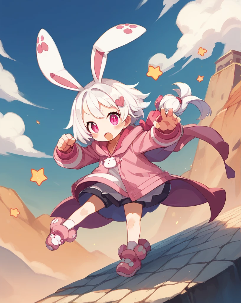 Furry shota, young, rabbit, long rabbit ears, pink hair, long spiky ponytail, spiky hair, detailed body fur, Pink eyes, ((purple kimono, open clothes, red fundoshi, goggles)), looking at you, white body fur, detailed face, big eyebrows, detailed eyes, detailed body, detailed hands, glistering body, shiny body, skinny, spectacular effects, perfect lighting, perfect shadows, perfect eyes, perfect hair, perfect face, gorgeous body, full body, feets with three toes, :3, sakura tree forest, clear sky, fly kick stance, feet focus,