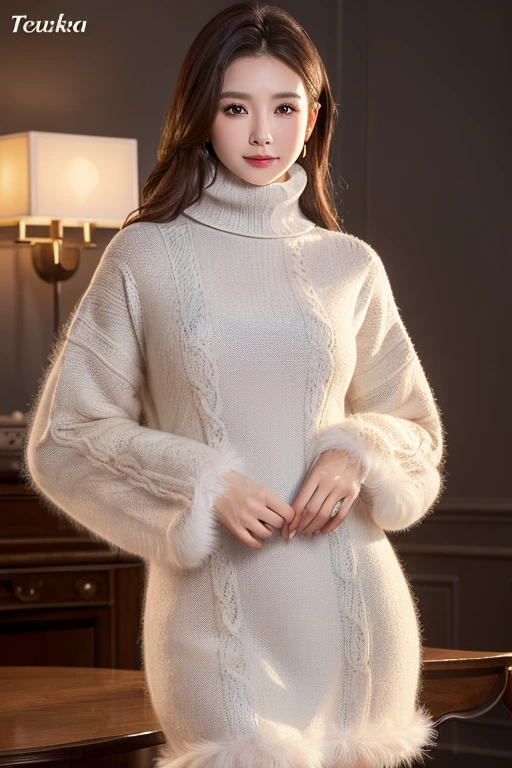 (Tabletop、Best Quality、8k、Award-winning works、Ultra-high resolution)、One beautiful woman、(Dress warmly, A large fur coat and turtleneck knit for an elegant look:1.3)、that&#39;that&#39;s right、Brown Hair、(Short Hair:1.1)、Spectacular Cinema Lighting、(Romantic affection:1.1)、(The most romantic and moody atmosphere:1.1)、winter、Snow Scene、that&#39;that&#39;It&#39;s snowing、(Walking in the snow in Norway:1.1)、look at me、(Very large breasts:1.2)、(Accentuate your body lines:1.1)、Blurred Background、Accurate anatomy、Ultra HD Hair、Ultra-high resolutionの完璧な美しい歯、Beautiful face in ultra-high definition、Ultra HD Hair、Ultra-high resolutionの輝く瞳、輝くUltra-high resolutionの美肌、Ultra-high resolutionの艶やかな唇、(Face close-up:1.1)