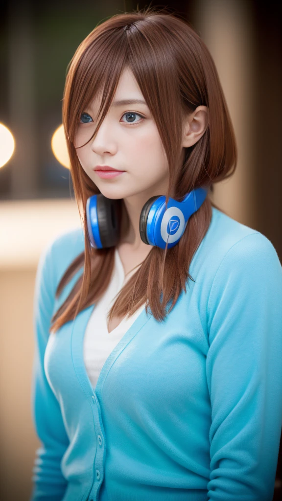 （（dressed casually、Long、Long bangs、red hair、eBlue eyes、Colorcon、Big blue headphones around your neck））、（NSFW、8K、RAW photography、top-quality:1.4、A high resolution:1.4、tmasterpiece:1.4）、（hyper realisitc:1.4）、1girll、hentail realism、The ultra-detailliert、Photorealsitic:1.4、unbelievable Ridiculous、ulzang-6500-v1.1:0.33、((nakano miku,go-toubun no hanayome,brown hair,medium hair,blue eyes,hair between eyes,headphones around neck,medium large breasts,pantyhose,light blue cardigan, green skirt, tights, pleated skirt)),have one's clothes peel off,closeup cleavage、Floating hair、Soft light、Cinema lights、filmgrain、full bodyesbian、depth of fields、blurred back、bokeh dof:1.4、eyes focus、angle of view、85mmレンズ、f/1.4、profesional lighting、lense flares、Luminous Particle:0.6、Professional Writing、porate:0.6、フォトンマッピング、Radio City、physically-based renderingt、Transparency、one-girl、well-styled、light-skinned:1.1、adolable:1.5