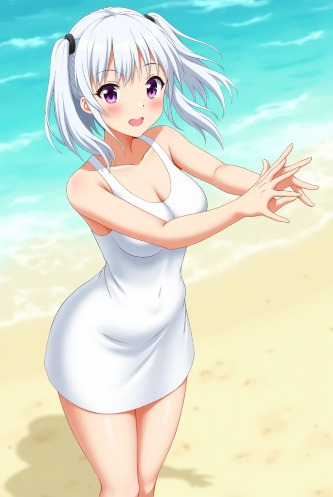 5 fingers, detailed hand <lora:Zazie_Rainyday:.8> zazie rainyday, solo, dark-skinned female, short hair with long locks, white hair, facial mark, swimsuit, blue bikini, beach, happy