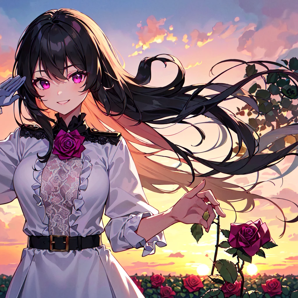 Purple Streptocarpus Flowers、A girl with long dark brown hair sits with her eyes closed、A with short pink hair sings with her mouth open