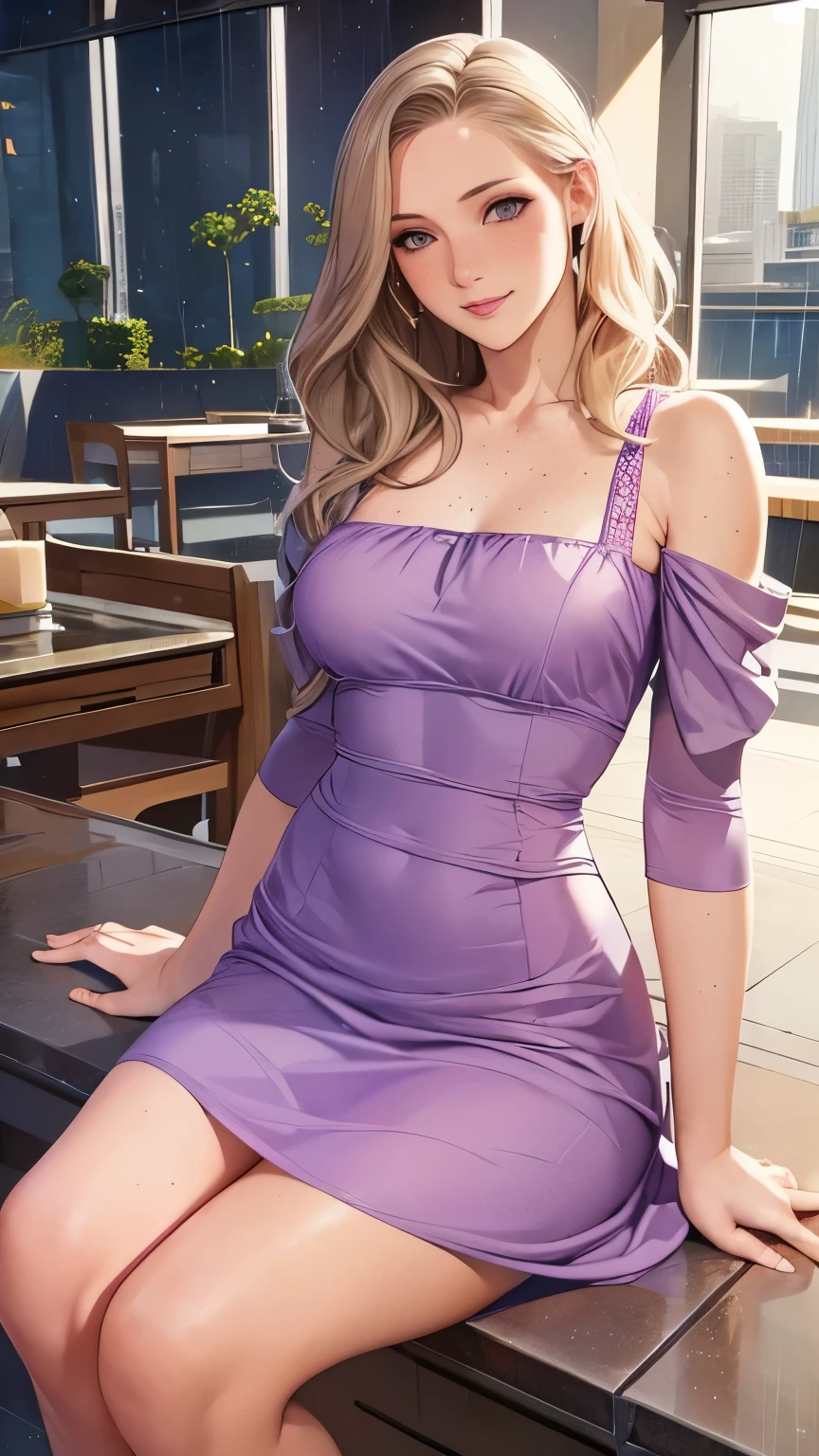 Woman, americana, Age 25, pale skin and freckles, gray eyes, delicate nose, soft and delicate lips, far away, blondie far away and wavy waist length hair, sweet smile, face with delicate feminine facial features, highly rendered, sophisticaded purple dress, rain in Kowloon 