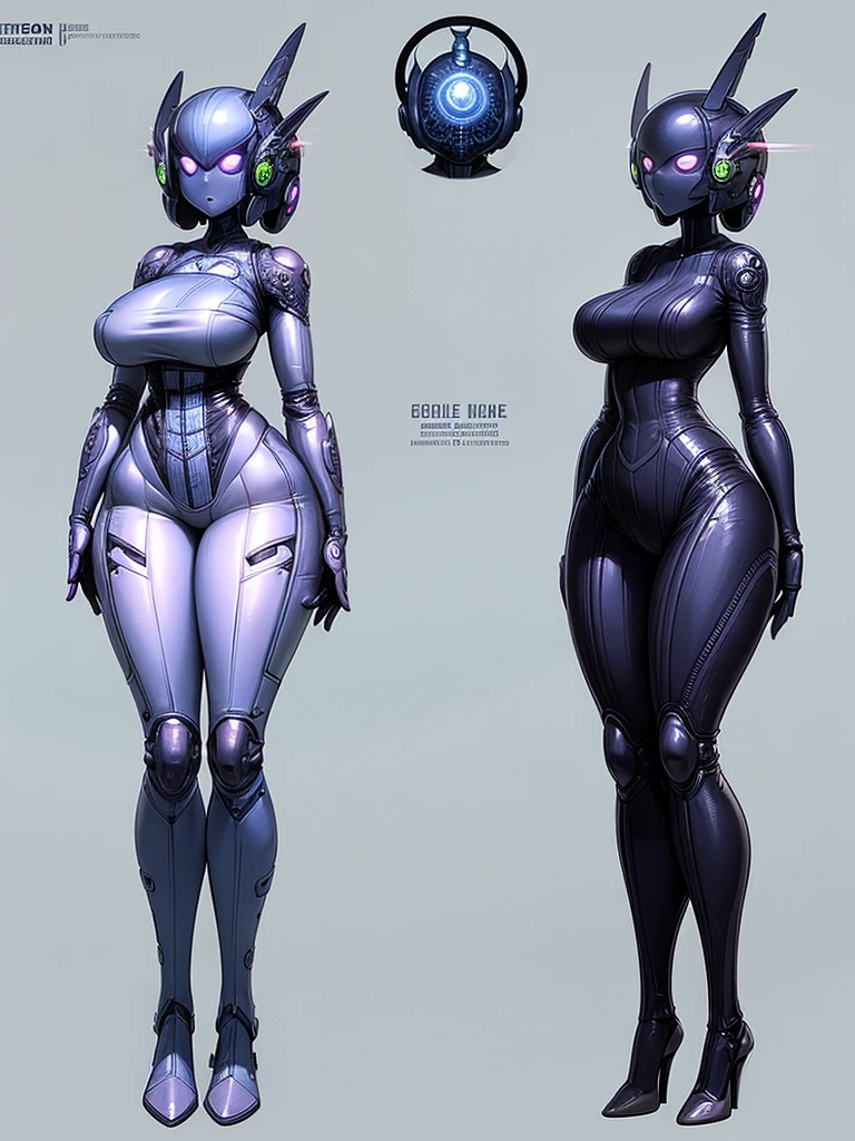 sci-fi, human-like alien, female, tailor, seamstress, vivid color purple, antennas, full black eyes, tech gloves, clothed, full body, multiple angles, front view, side view, close up of face, close up of gloves, character sheet