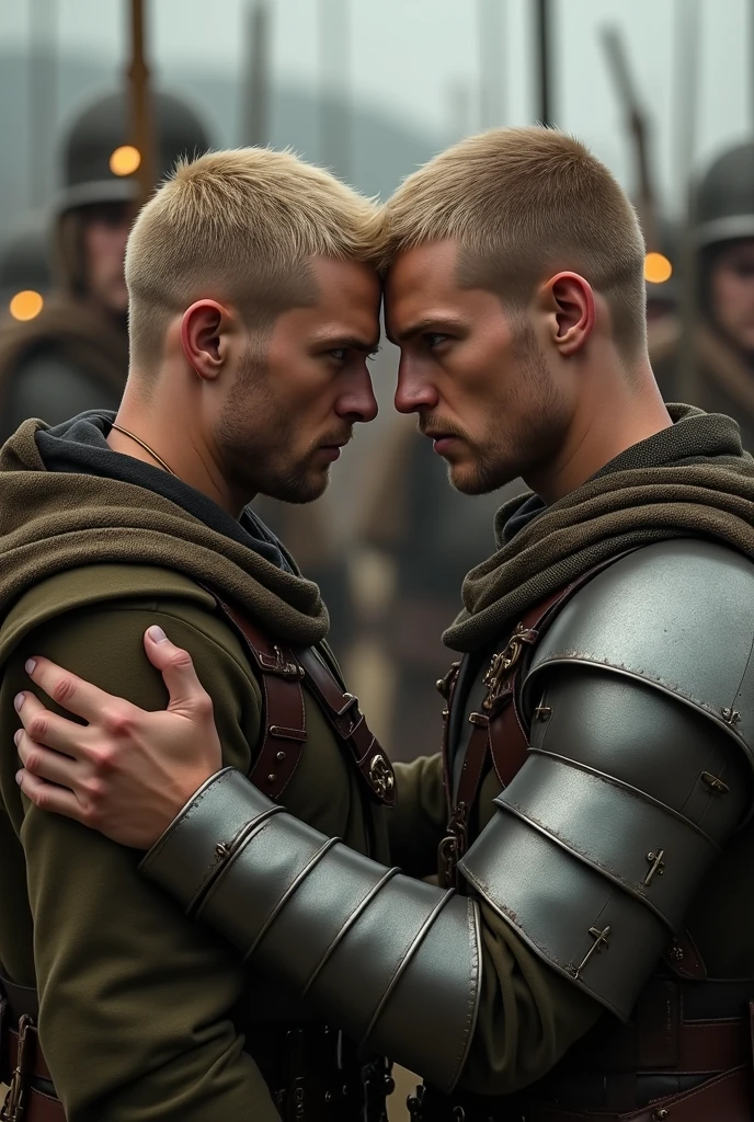 2 men, Photo-realistic, close-up. A 24-year-old male, medieval warrior, with shaved blonde hair, stubble, and blue eyes, shirtless, wearing gray leather shorts, and a 19-year-old, fit, handsome, medieval man with shaved, brown hair, slight stubble, and blue eyes, shirtless. They look blissfully at each other, cuddling with each other, leaning on a castle wall on a crisp spring morning.