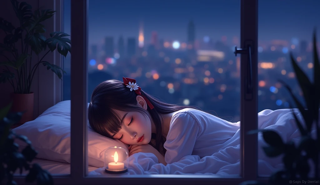 Woman sleeping in bed in front of the window, cold snow outside, cold light coming from the window, Cold freezing night, cold, Sleeping, cold snowy, Cold winters, sleepy, Snowy Day, soft light from the window, young asian girl, Feeling cold, Cold Weather, cozy bed, asleep, Soft and warm light, Ojo, Urban night view,