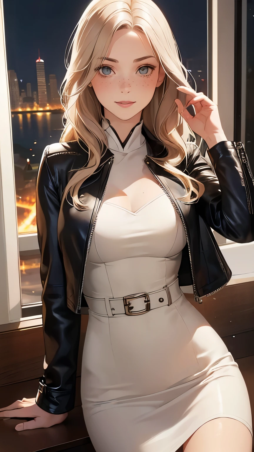 Woman, americana, Age 25, pale skin and freckles, gray eyes, delicate nose, soft and delicate lips, far away, blondie far away and wavy waist length hair, sweet smile, face with delicate feminine facial features, highly rendered, sophisticaded dress, Black leather jacket, night in Kowloon 