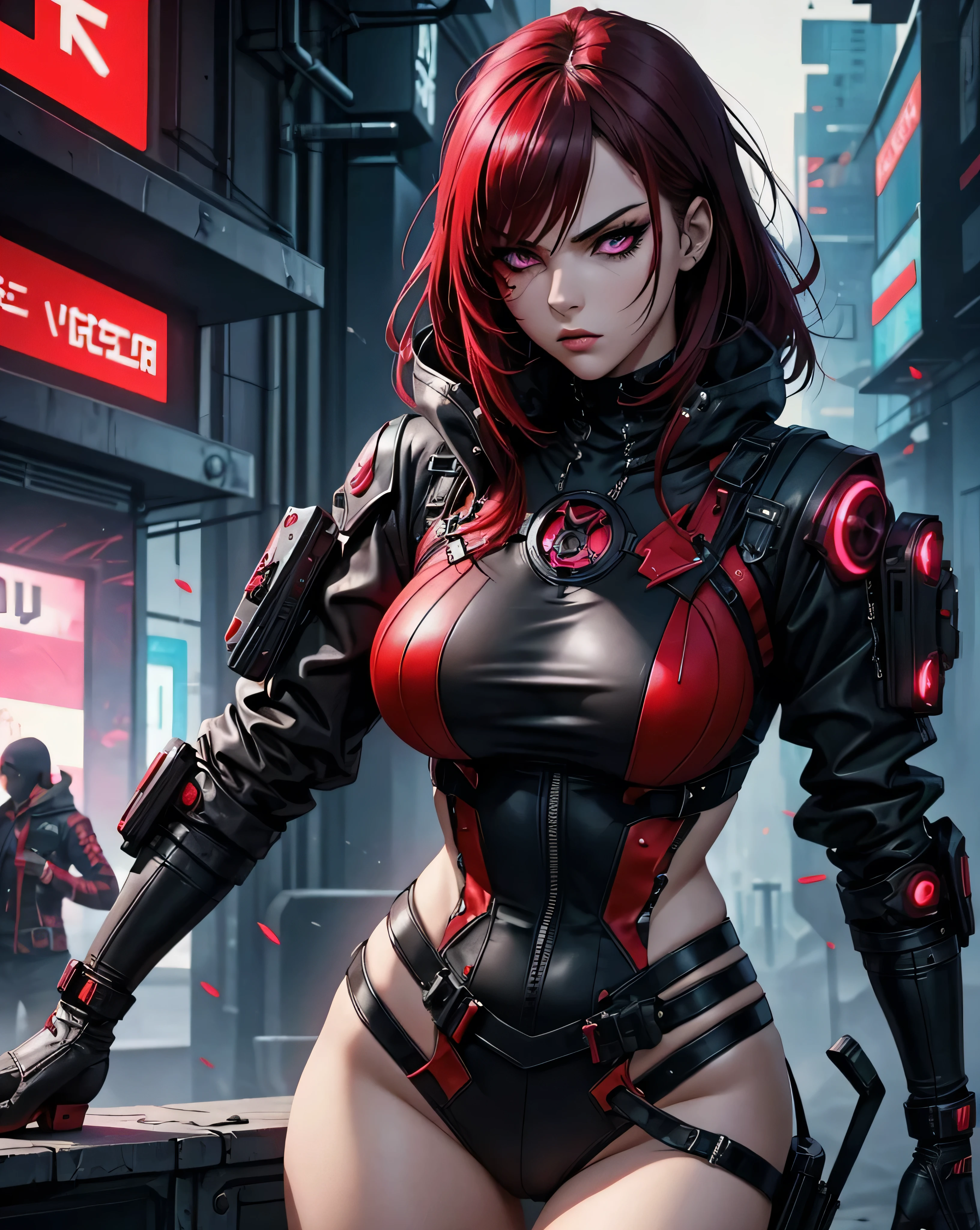 une fille, manga, agressive, regard hypnotisant, Magnificent, cyberpunk dressed, sexy, badass, powerful, epic, firey, aesthetic, red and black colors