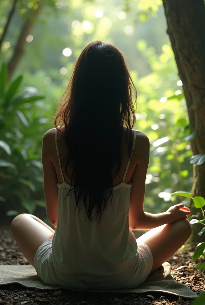 A naked girl masturbates in the middle of the forest. She has no clothes on. She sits on a log, facing the camera, showing the beauty of nature in the forest full of green plants and trees. The area in the picture looks moist with ground cover and tall trees surrounded by dense leaves. The greenness of the plants gives a sense of the abundance of nature that is still pure. The sunlight that shines through between the trees brightens the area in the picture, making the details of the plants and leaves clear. This picture reflects the balance between the plant life in the forest and the rich environment. It is a fascinating place.