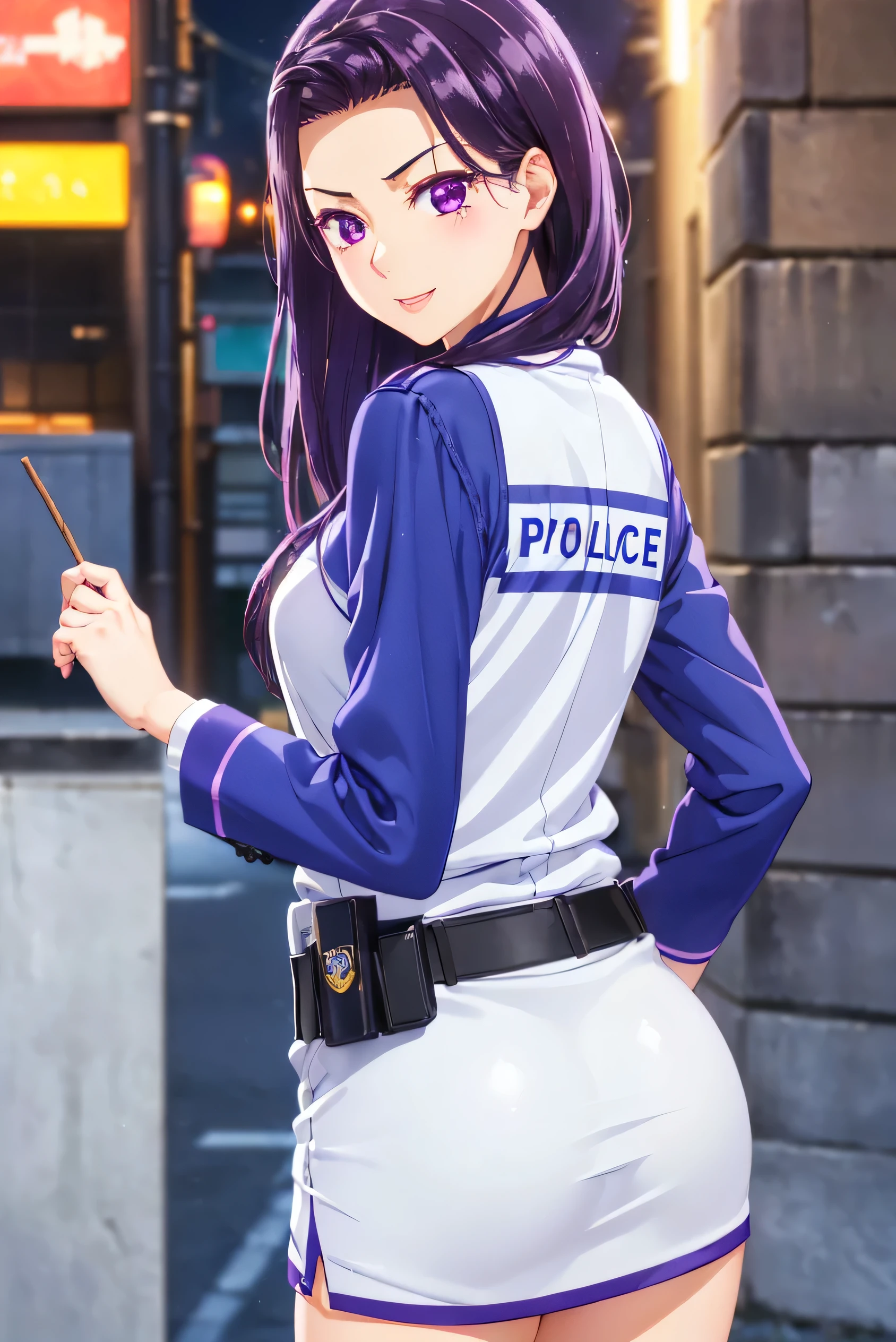 Sayuri Akino、Shiny purple hair, Long Hair, Hair Ornament, Hairclip (Beautiful purple eyes、Sparkling eyes, Fine grain)、(purple eyes:1.1)、 (forehead:1.2)、smile、Ultra-detailed eyes、Highly detailed face, Highly detailed eyes,Cowboy Shot、 (masterpiece:1.2, Best Quality), (Realistic, photoRealistic:1.4),Beautiful illustrations,(Natural Side Lighting, Cinema Lighting), 1 female,Japanese,Mature Woman,Female police officer on patrol,Perfect Face, Symmetrical face, Shiny skin, ,(smile), break((Police Officer Shirt)),((A tight mini skirt made from very thin fabric)),(Police hat),(The background is a street corner:1.5),(((Background Blur:1.5))),((Police uniform)),break(((From behind:1.5))),(((Stick your butt out:1.2)))