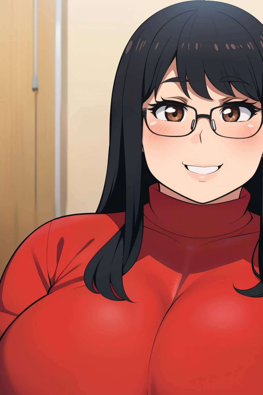 Plump year 21 big breasts black hair brown eyes happy longer hair smile blushing dered glasses