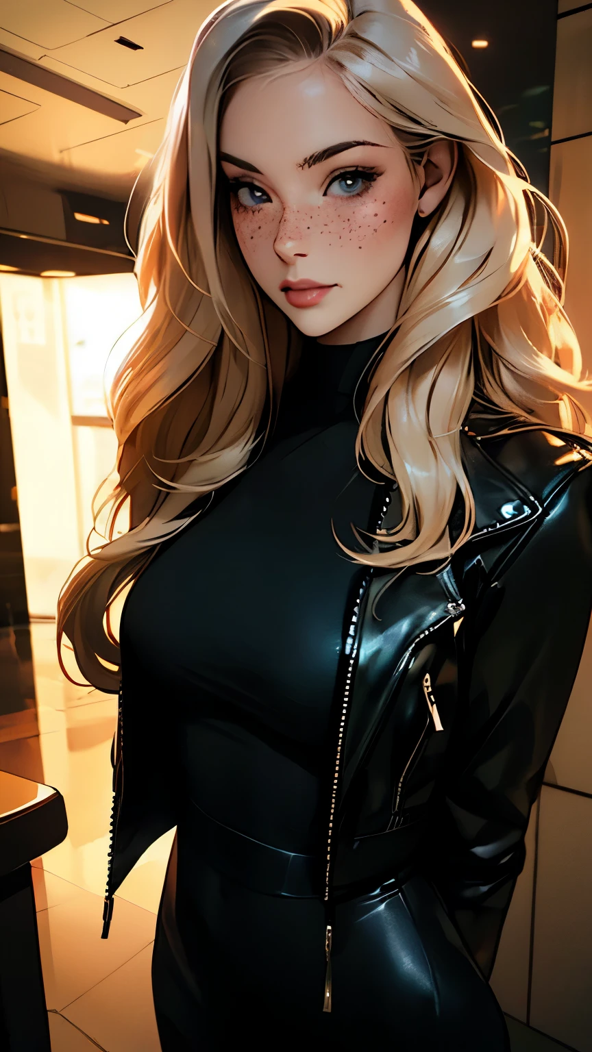 Woman, americana, Age 25, pale skin and freckles, gray eyes, delicate nose, soft and delicate lips, far away, blondie far away and wavy waist length hair, sweet smile, face with delicate feminine facial features, highly rendered, sophisticaded dress, Black leather jacket, night in Kowloon 