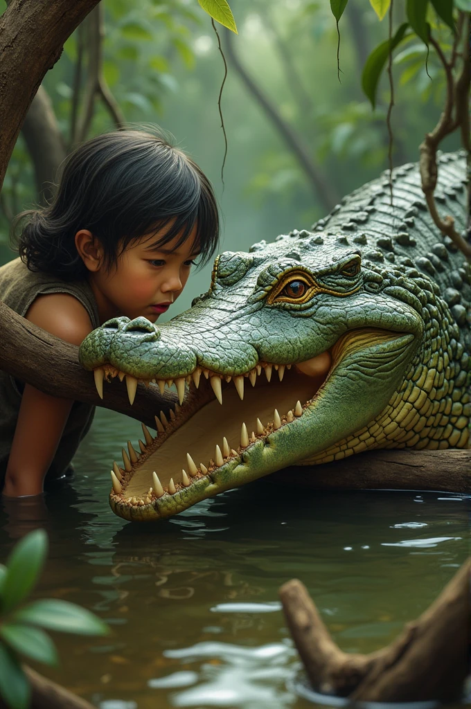 Develop an extraordinarily realistic and cinematic visual representation that captures the energy and emotion of a magical scene, where a joyfuly malay (young girl) runs freely through a lush forest ,lake, while playfully interacting with a majestic big crocodile. In the image, the soft light filtered through the treetops illuminates the forest canopy, creating a charming play of light and shadow around them. The radiant expression on the girl's face reflects pure joy and a sense of adventure, while the crocodile conveys an affectionate tenderness in its movements and gentle gazes. Meticulous details, from the textures of the trees and the moss on the ground to the fluid movements of the girl and the crocodile, are skillfully designed to convey the beauty and harmony of the interaction between nature and the innocence of childhood