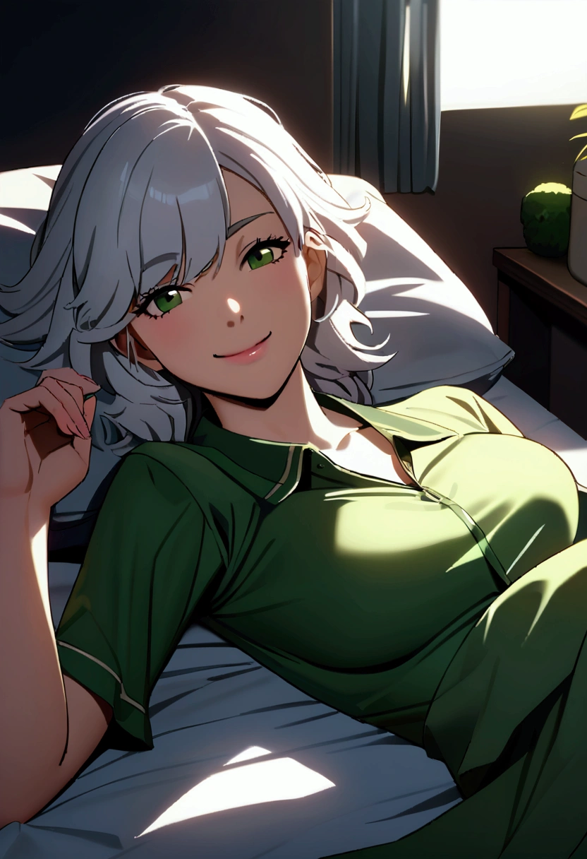 White haired girl, hermoss, lying on the bed with a smile, 