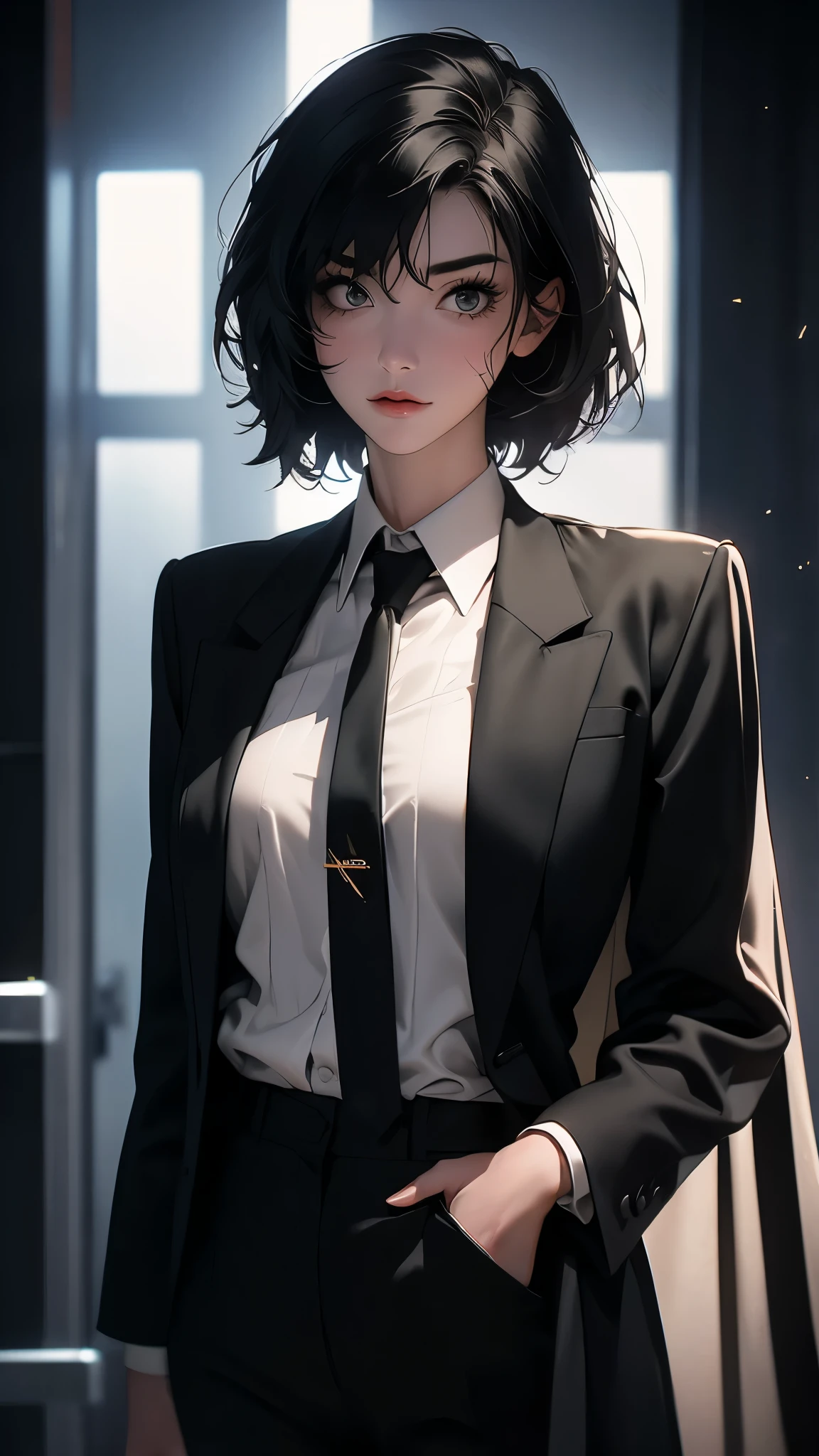 ((Masterpiece)), envision a 8k, highres, cinematic, extremely beautiful semi realistic full body pinup of a strong mature lady with a slender muscular body, flat chest, ((short black hair)), side locks, strong face, slender face, long sweeping bangs, face scars, yellow eyes, soft lips, lip gloss, thick eyebrows, round face, white shirt, black tie, cape, black trench coat, black pants, dress shoes, ((((1girl)))), in dark lighting, against a dark gray background