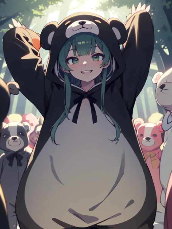 beautiful, (masterpiece), best quality, (extremely detailed face), extremely detailed eyes,  perfect lighting, OverallDetail, detailed, deep skin,textured skin,
,bear costume ,black bear costume, long sleeves, hood up,,mallow , long hair, green eyes, big smile,on bed ,stand,
,forest, arms up