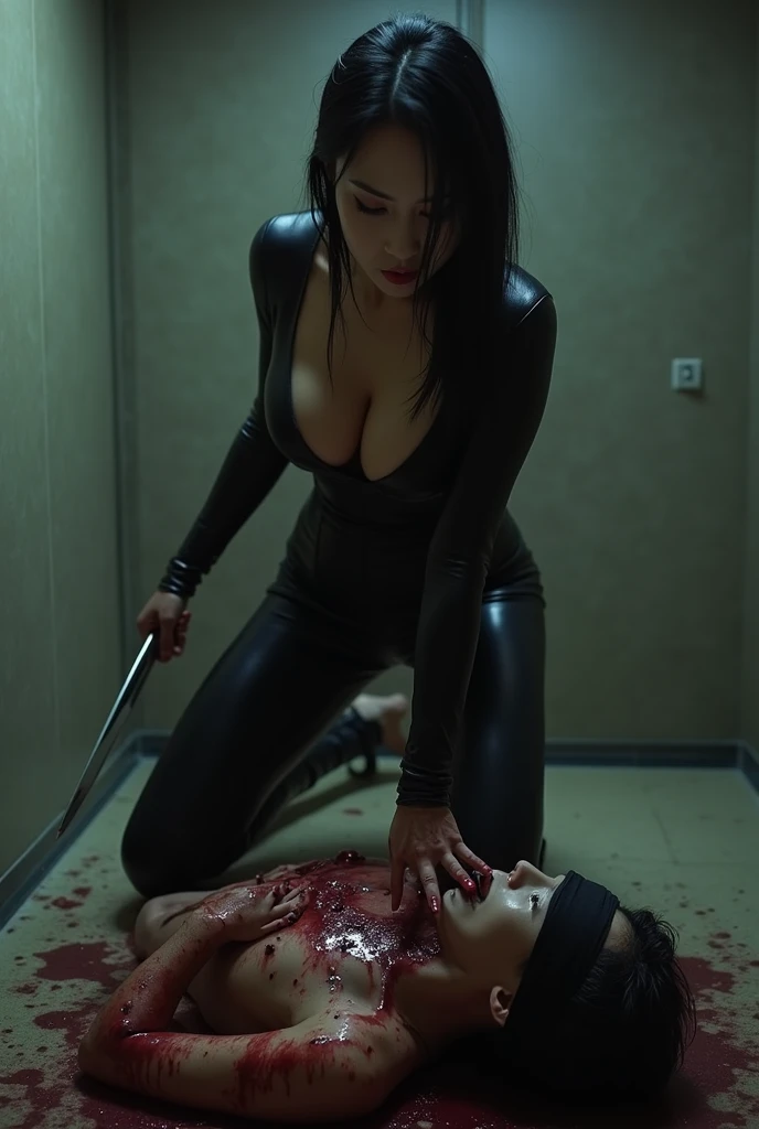 korean girl, (behind corpse, surgical mask), multiple girls, holding knife, stabbing, black raincoat, leather gloves, hood up, room full of blood, black wet suit, holding knife, leather gloves, behind corpse, blood splatter, short hair, night, mass murderer, robbery, in the house, dark atmosphere, cinematic lighting, atmospheric realistic,