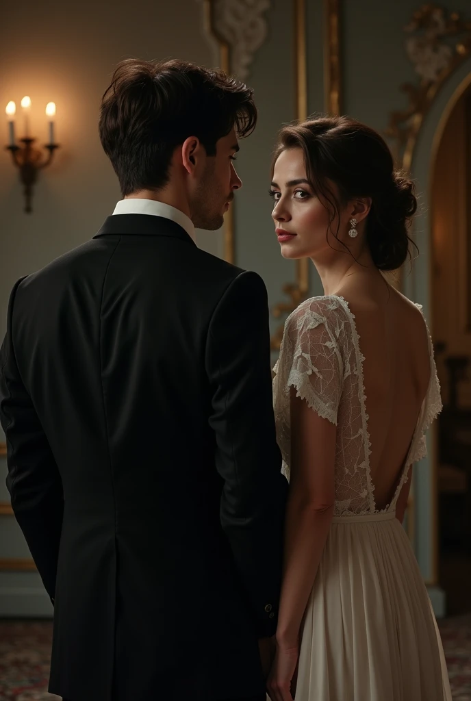 Woman in prom dress turned away from a.man in suit trying to talk..chic and rich environment